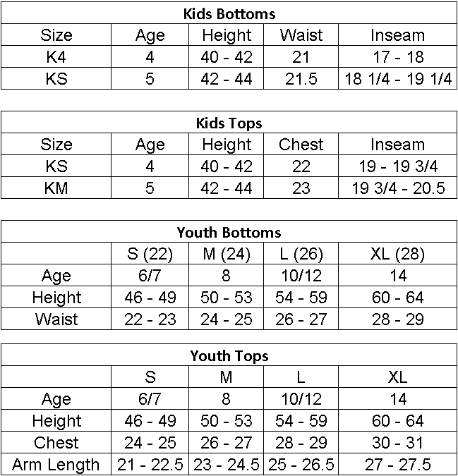 Fox Youth Size Chart