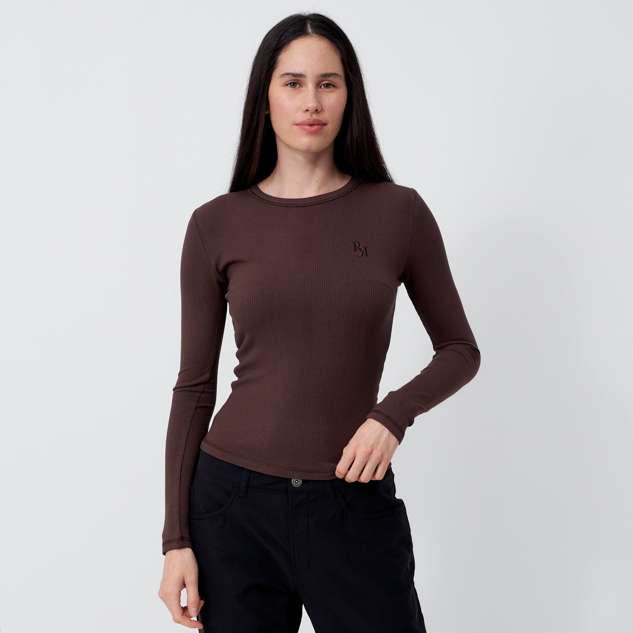 RPM Women's Ribbed Longsleeve T-Shirt in Brown CLOTHING