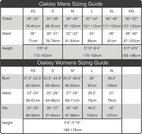 Oakley Shorts Size Chart