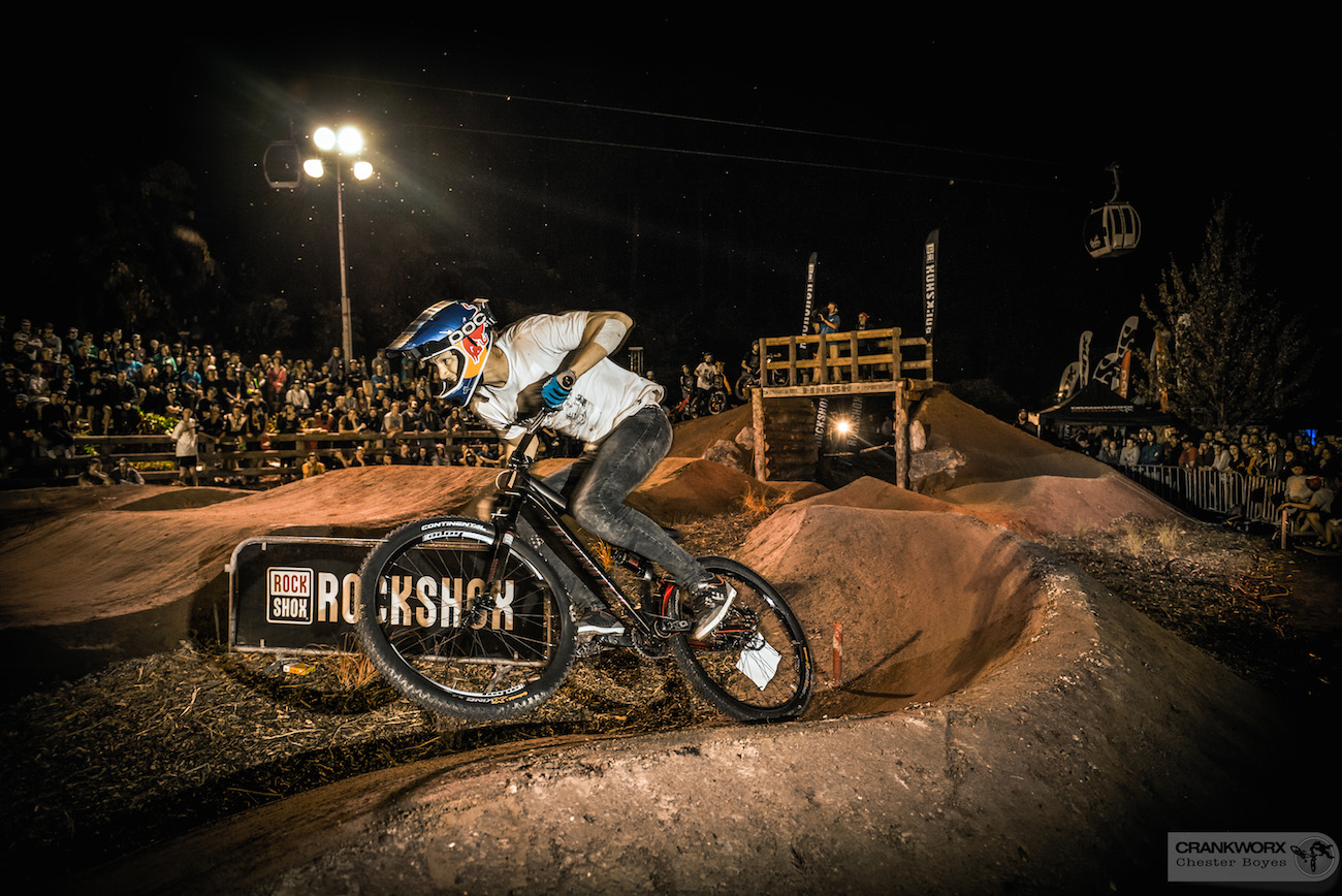 Swedish rider Martin Soderstrom competes in the Pump Track Challenge presented by RockShox at Skyline Rotorua Gravity Park. Photo: Chester Boyes
