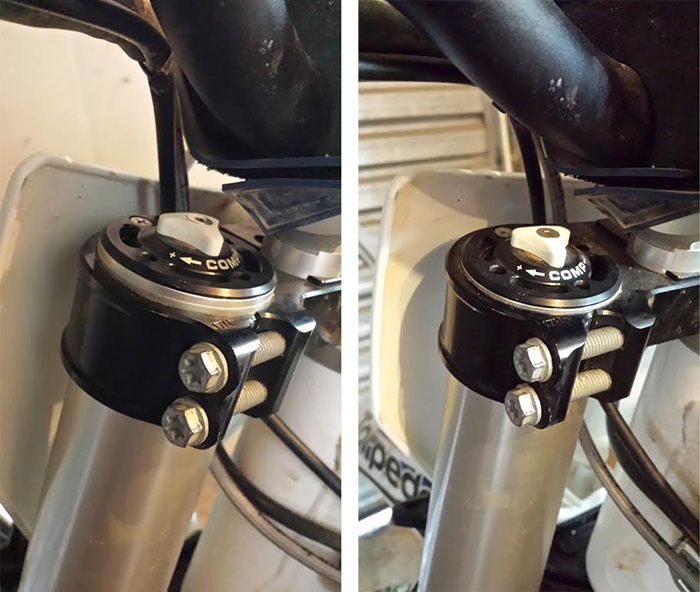 Fork position set up for quick turning (left) - Fork set up for high speed stability or riding in deep sand (right)