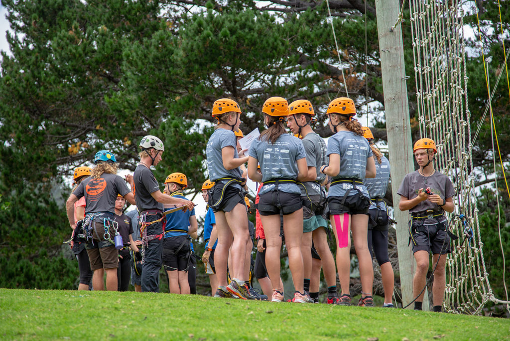 Waimea College preparing for the high ropes challenge.